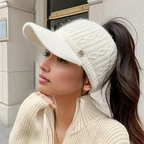 Autumn and Winter Woolen Duck Tongue Cap Teenage Fashion Versatile Hat Female Leakage Ponytail Outdoor Padded Warm Knitted Cap