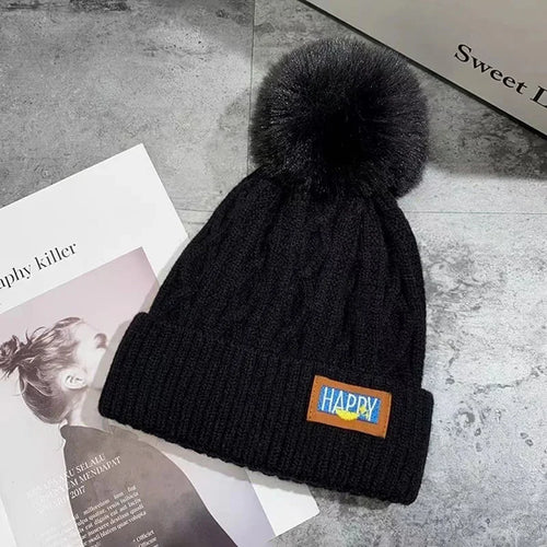 Autumn and Winter Women's Pompom Knitted Hat Women Solid Color Thicken Plush Beanie Cap Female Autumn Warm Crochet Hats